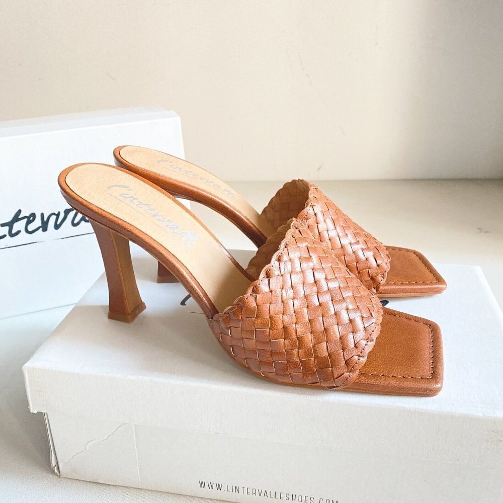 L'Intervalle Caramel Brown Woven Braided Square toe High Heel Slides 41